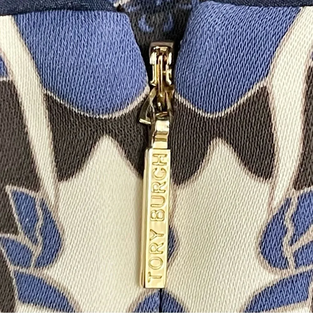Tory Burch Blue Floral Medallion Sheath Dress Size 10 Jersey Long Sleeve Stretch